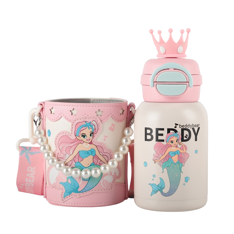 BEDDYBEAR Open-Smiling Double-Drinking Lid Children's Insulated Cup with Straw, 316 Steel Large Capacity Thermos Flask, 600ML Mermaid Desig