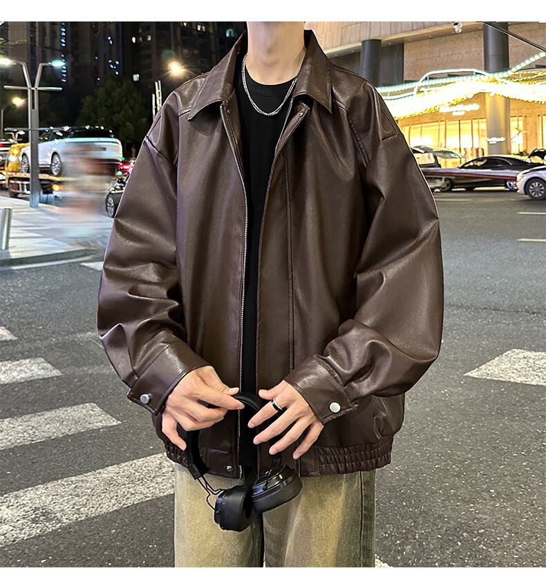 SWAMP AREA Men's Solid Color Leather Jacket, Spring And Autumn Hip-Hop Style Outerwear, American Retro Motorcycle-Inspired Coat, SWC99 Coffee Color, Size L 4