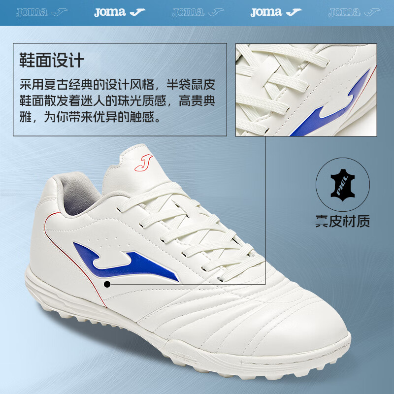 JOMA Kangaroo Leather Soccer Shoes TF Turf Cleats for Adults, Teenagers And Students Professional Competition Football Training Shoes White And Blue Size 40.5