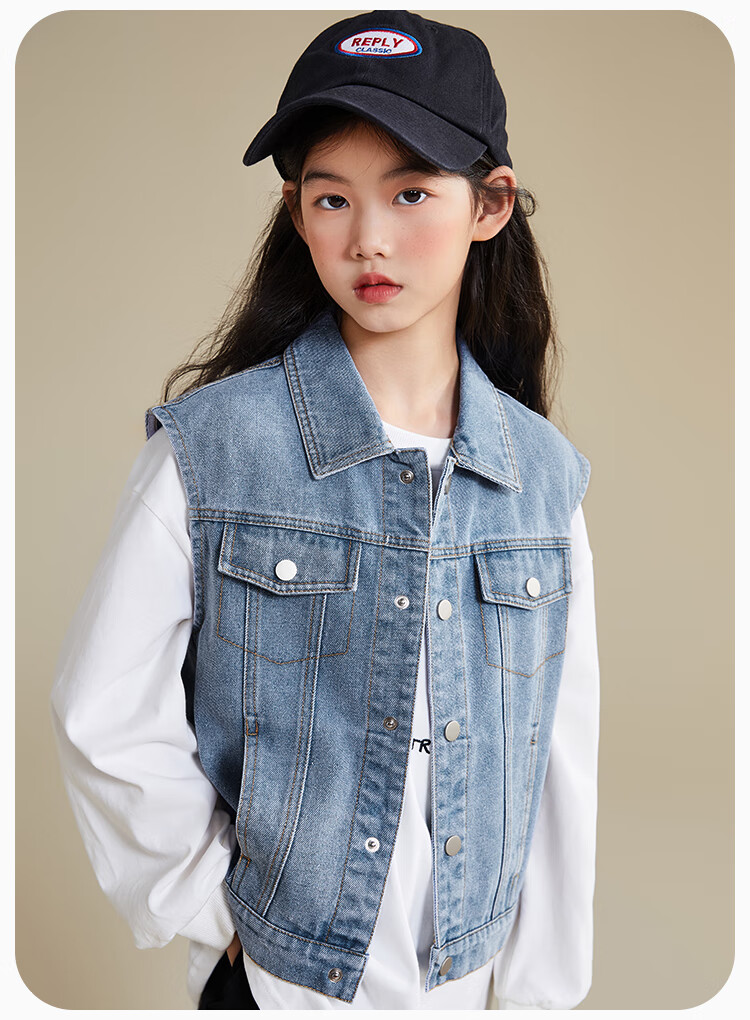 QQ DUCK Children's Denim Vest Girls' Sleeveless Jacket Youth Clothing Classic Vest Navy Blue; 165 20