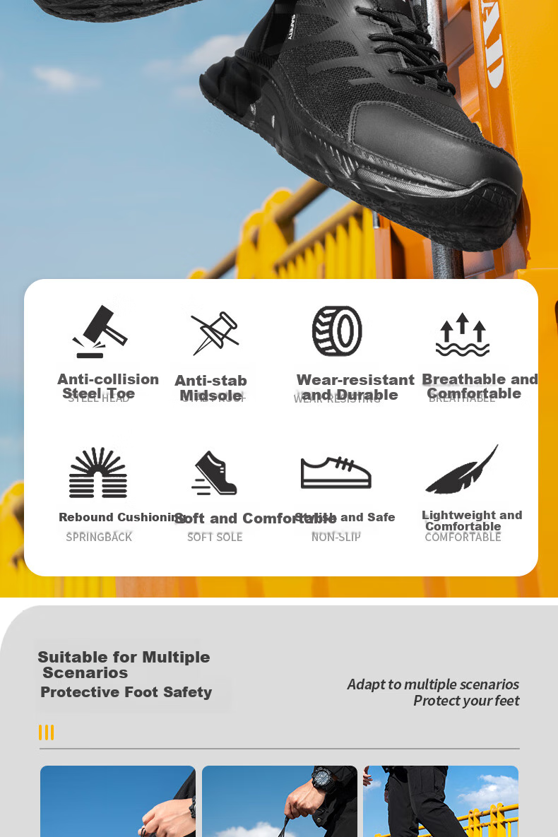JUNBU Safety Shoes for Men, Steel Toe Cap, Puncture-Resistant, Breathable, Ultra-Light Soft Sole Work Safety Shoes 0217T Size 44 3