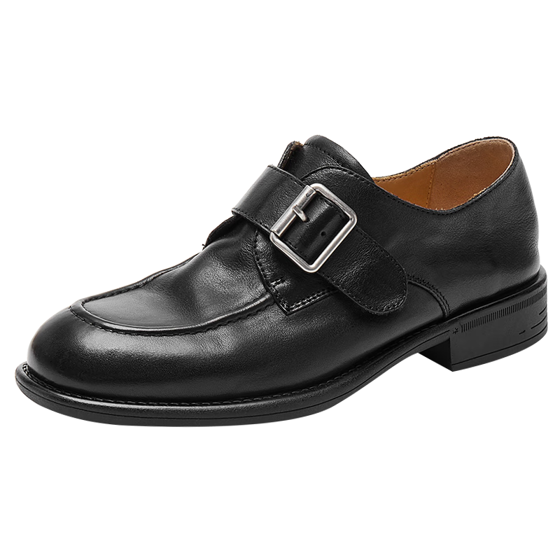 Joy&peace Dong Jie's Style Free Poetry Washed Cowhide Leather Loafers with Chunky Heel for Men And Women, Black, Size 39