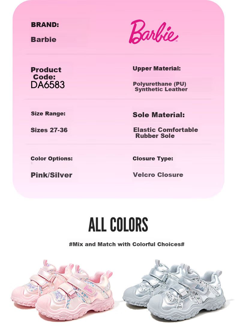 Barbie Girls' Fashionable Outdoor Sports Shoes, Princess Style Casual Hiking Shoes for Girls, DA6583 Pink Size 32 9