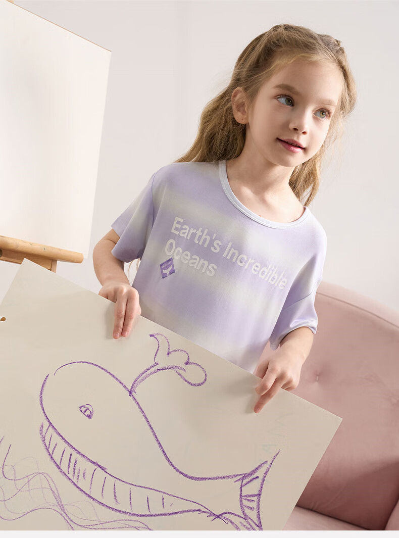 Aimer Kids Girls' Pajamas, Zero-Carbon Lanine Modal Short-Sleeve Nightgown, Summer Cool-Touch Sleepwear, Purple Striped, Size 110 8