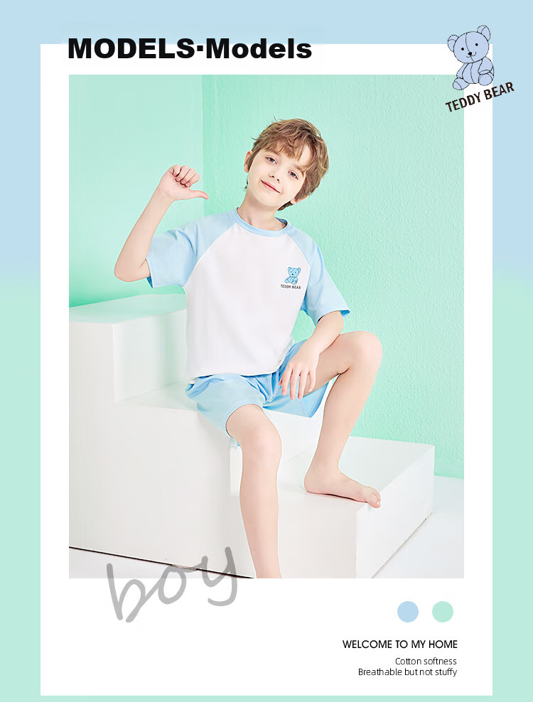 LangSha Children's Pajamas for Boys, Summer Thin Breathable Pure Cotton Home Wear, Middle School Student Raglan Sleeve Short-Sleeve Set, Size 160 11