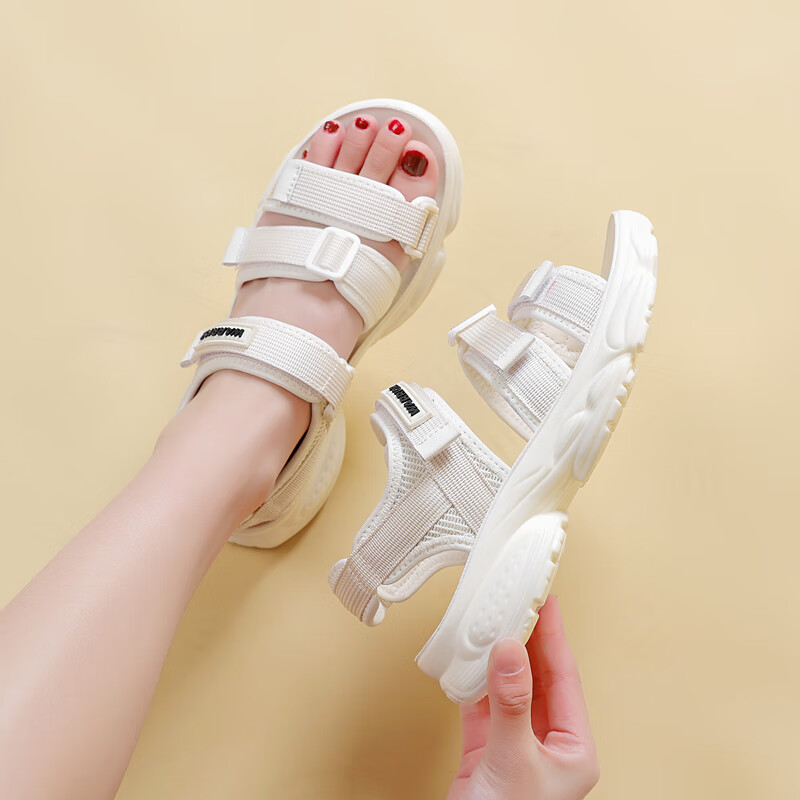 Warrior Sandals for Women with Velcro Straps, Beach Shoes, Summer Slippers, Versatile Flat Shoes, WSL(WZ)-1460, Beige, Size 36