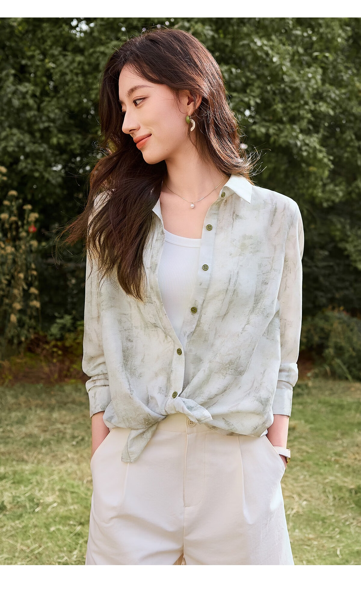 Chushen Spring And Summer Long-Sleeve Shirt for Women, Artistic Tie-Dye Printed Blouse Jacket Air Conditioning Shirt S52S020 Winter Light Green S 29