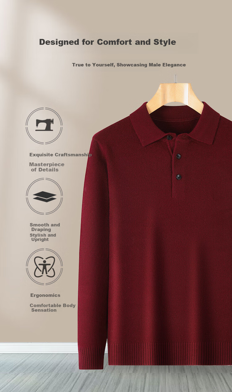 Antonio 100% Wool Red Series Men's Polo Collar Wool Sweater Base Layer Spring Autumn 9