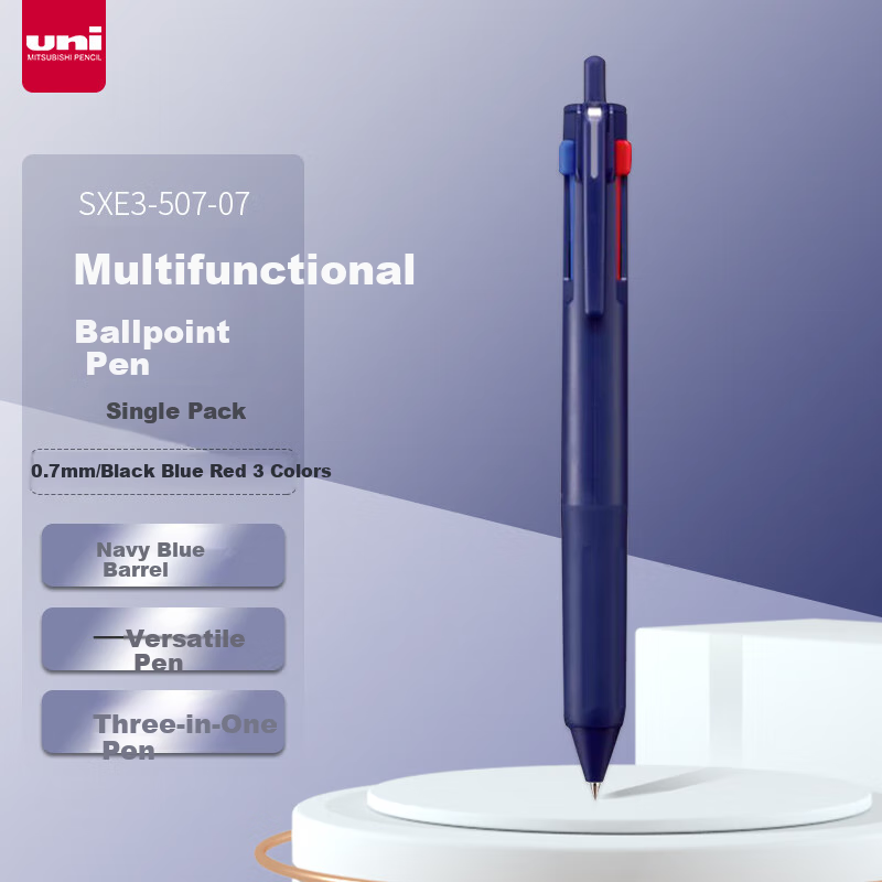 Uni Mitsubishi Three-In Multifunction Ballpoint Pen for Students, Business Office Use, Original Pen SXE3-507 Navy Blue Single Pack