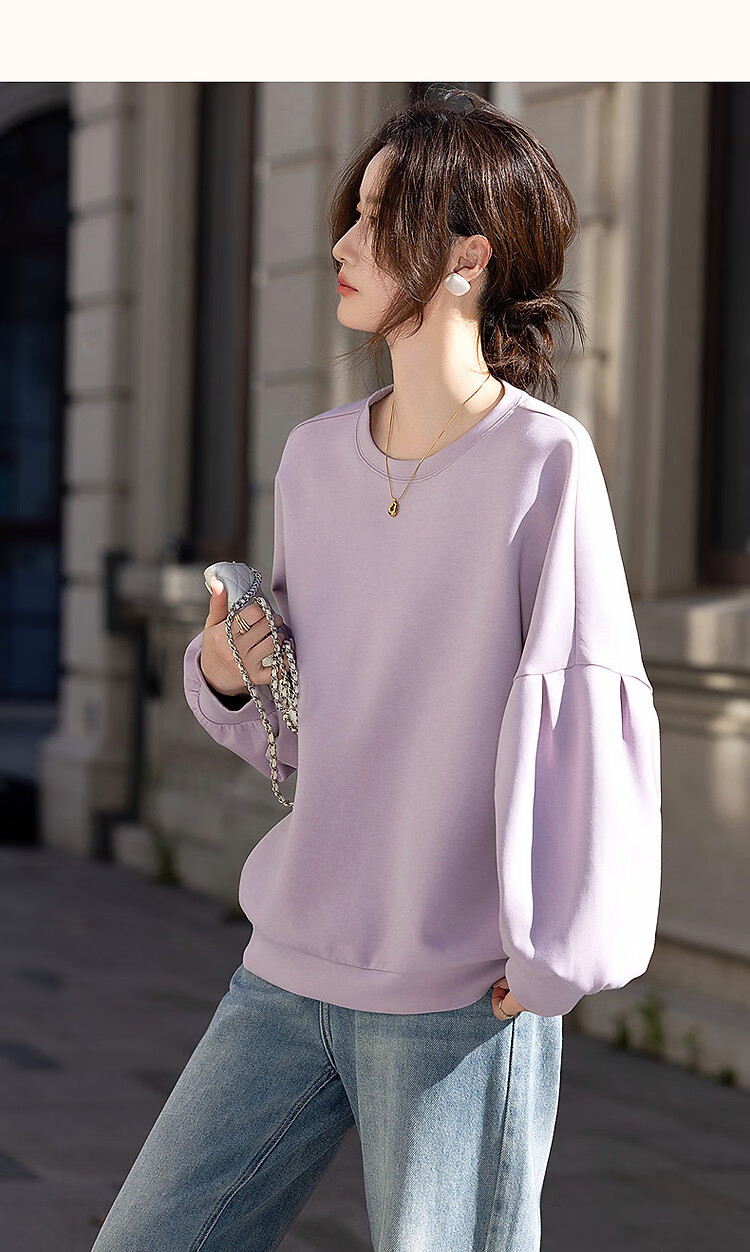 Dme [350G Air Layer] Spring Simple Round Neck Lantern Sleeve Loose Fit Slimming Sweatshirt Women's Top 10