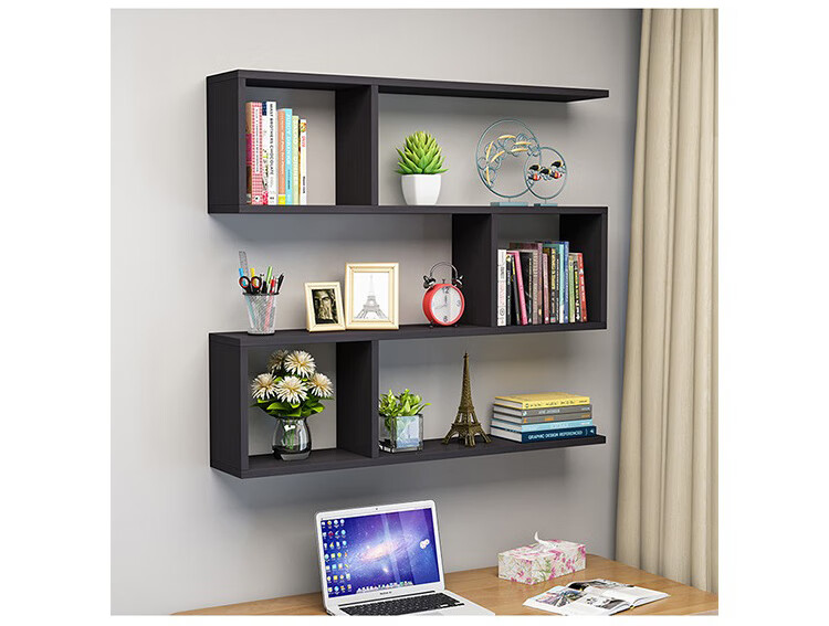 Ourunzhe Wall-Mounted Storage Rack, No Drilling Required, Double-Layer Hanging Cabinet, S-Shaped Storage Shelf, Decorative Bookshelf, Walnut Color 14
