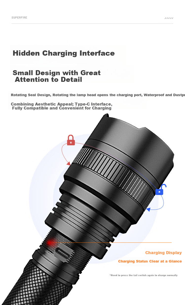 SupFire C8-G High-Intensity Flashlight, Multifunctional, 36W High Power, P90 Rechargeable, Ultra-Bright Long-Range LED Outdoor Light, Waterproof Searchlight, Long Battery Life of 3 Hours 5