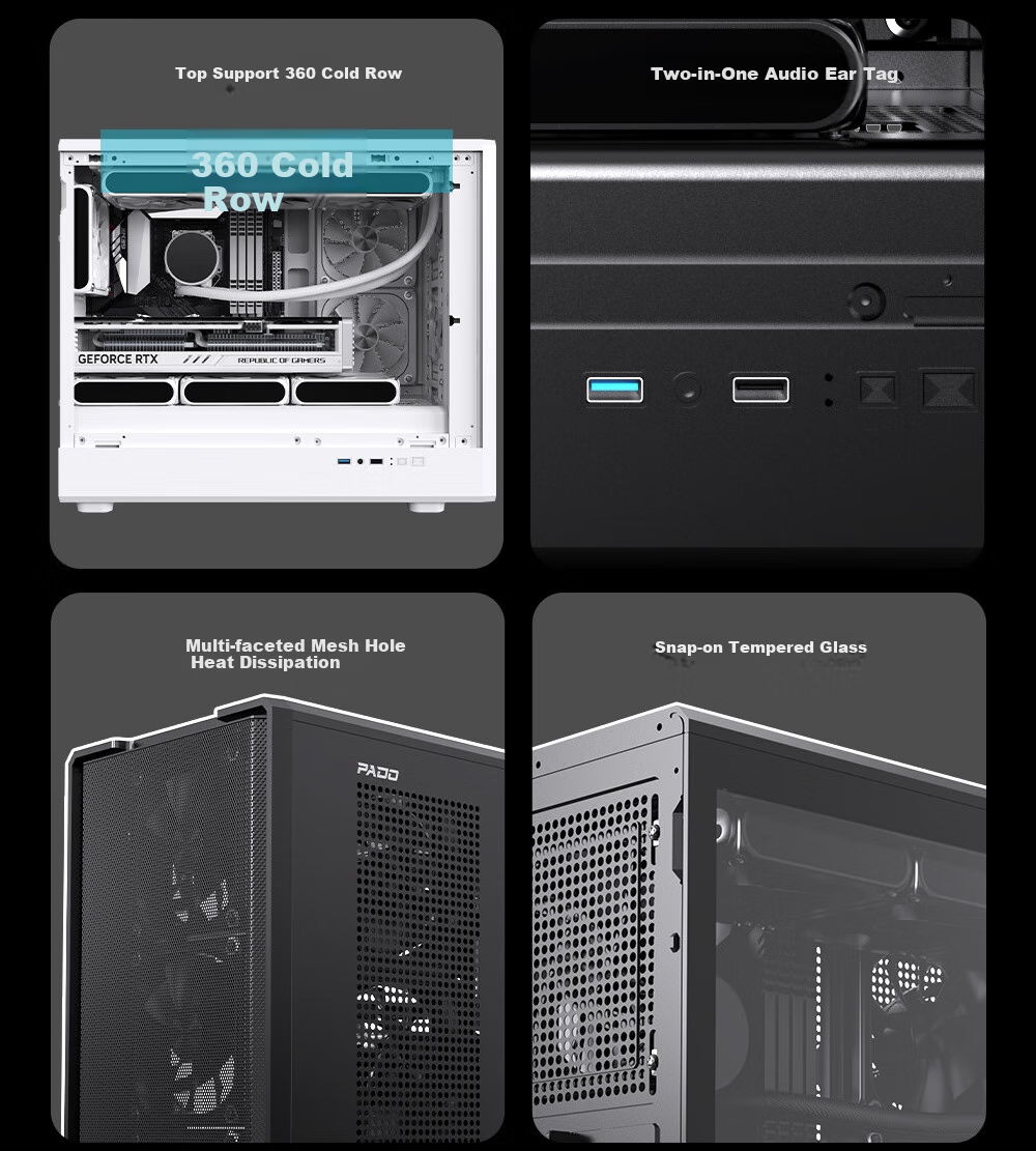 PADO W6 Black MESH Mesh Cooling Case (Supports MATX Motherboard, Glass Side Panel, Steel Mesh Front Panel, Independent PSU Compartment, Dust Filter, Supports 4080 Graphics Card) Black 7
