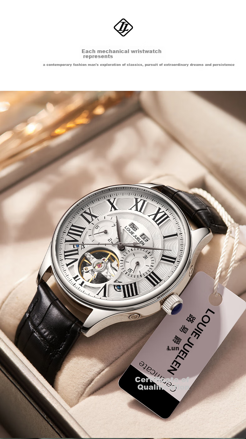 LOUIE JUELEN Men's Mechanical Watch, Student Fully Automatic Genuine Product, Skeleton Tourbillon, Business Style, Silver Case with White Dial And Steel Strap 5