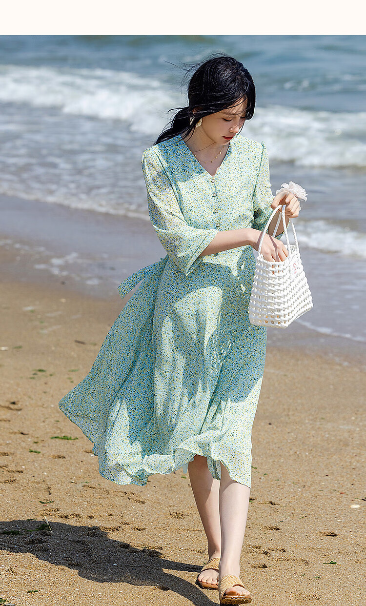 Dme [Sweet Floral Chiffon Umbrella Dress], Spring And Autumn V-Neck Waist-Cinching Long-Sleeve Dress, Mid-Length Women's Dress 13