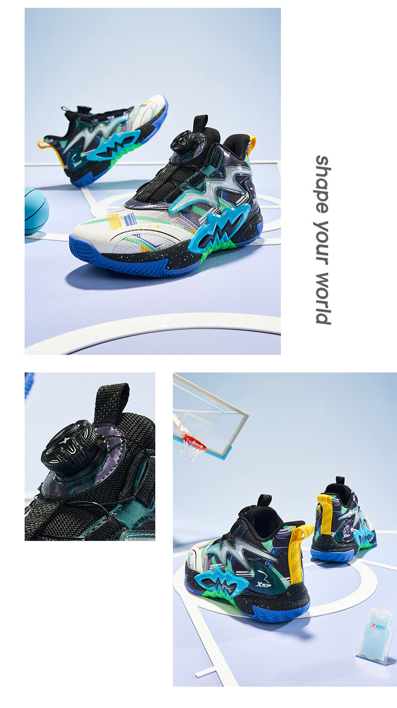 XTEP Children's Eagle Hunter 1.0 Kids' Shoes, Boys' Rotating Buckle Basketball Shoes for Older Children, Black/neon Green, Size 39 11