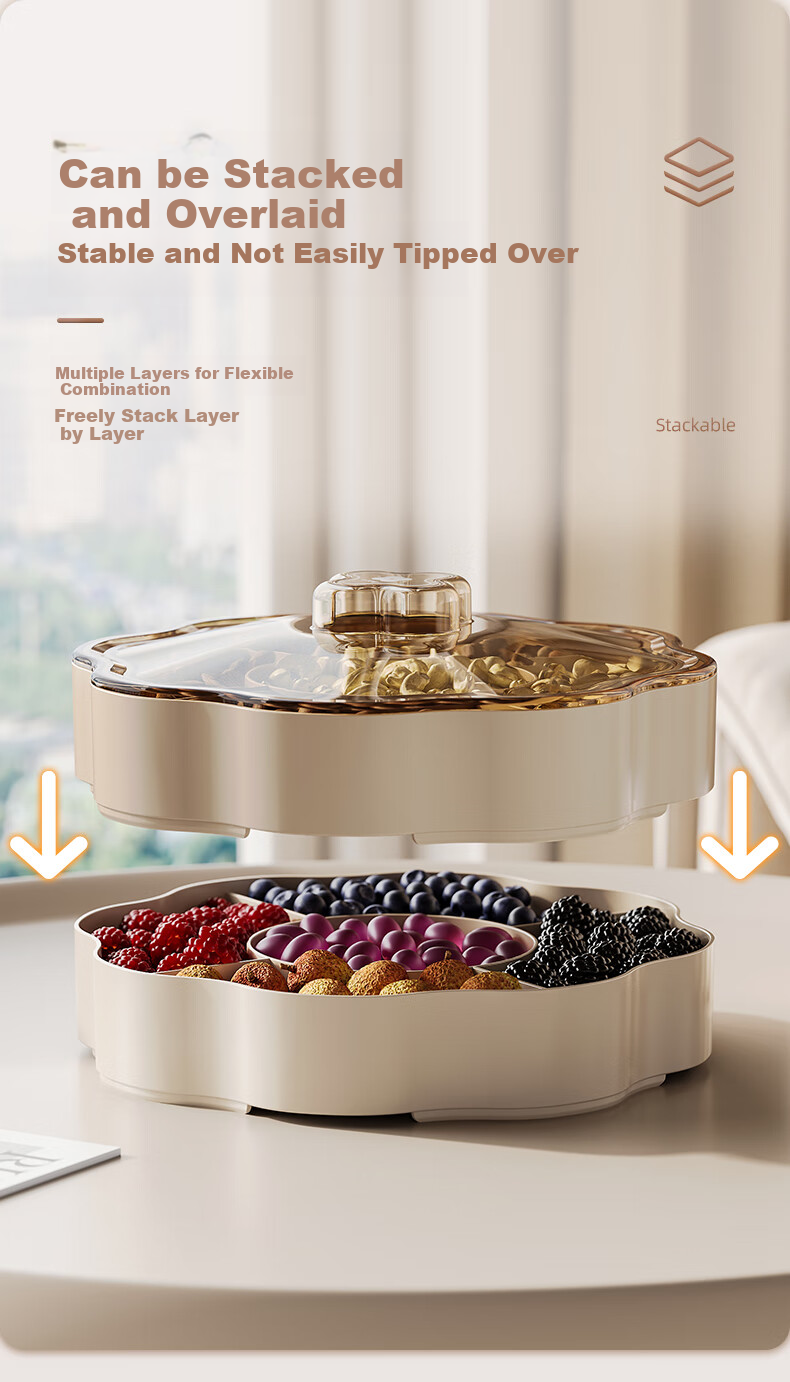 Jinlongxing Candy Box Snack Dried Fruit Plate for Living Room, High-End Feel Nut Fruit Melon Seed Dish, Double-Layer with Lid for Chinese New Year Display 6