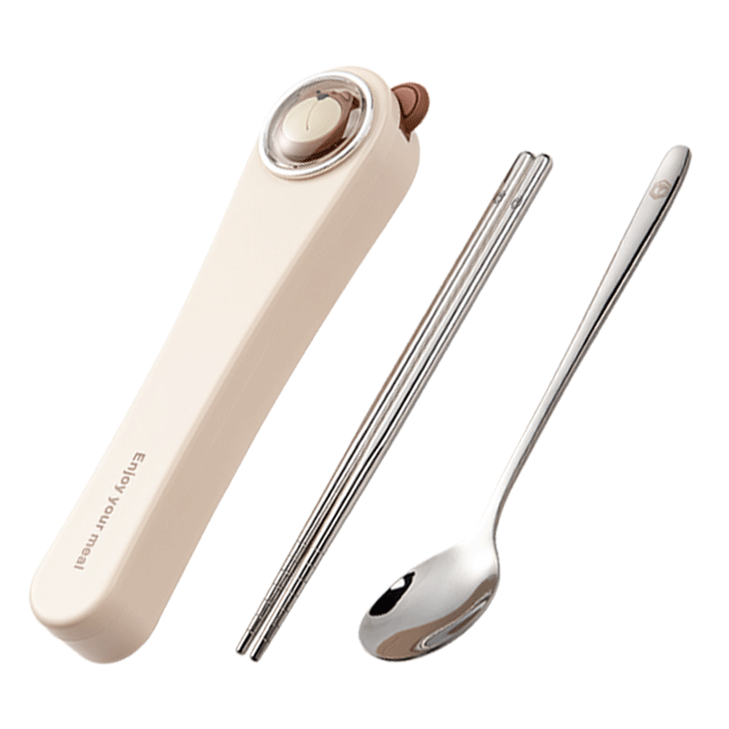 JD Original Cute Space Capsule Portable Cutlery Set, 304 Stainless Steel Spoon And Chopsticks, Elementary School Student Takeaway Cream-Colored Tableware