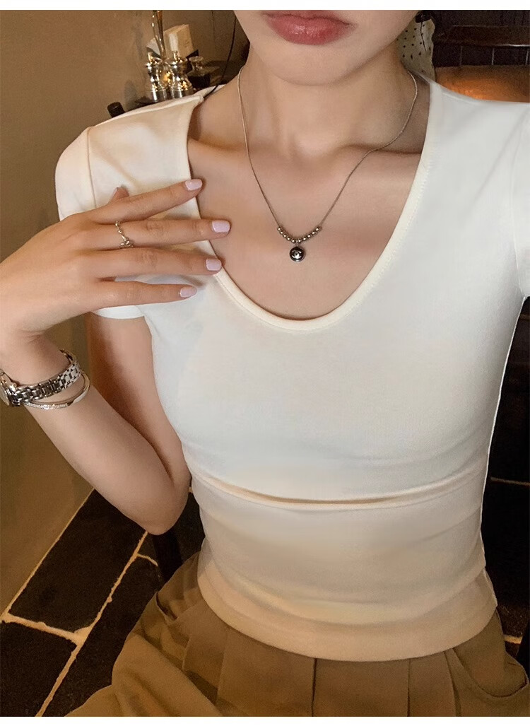TUCANO Regular Shoulder U-Neck Short-Sleeve T-Shirt for Women, Summer Style, Inner Layering, Slim Fit, Simple Ribbed Half-Sleeve Top, White, 2XL 6