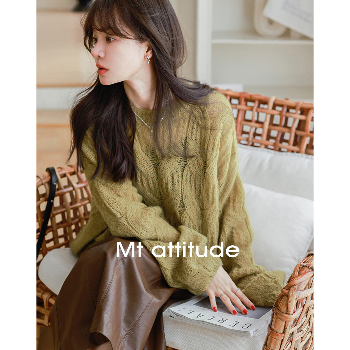 Mt [Relaxed Grass Green] Autumn Simple Round Neck, Jacquard Loose Long-Sleeve Pullover Sweater