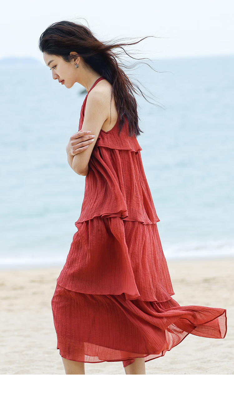 Dme [Heavy Workmanship Layered Spaghetti Strap Dress], Summer Vacation Style, Retro Brick Red, Elegant Cake Skirt 14