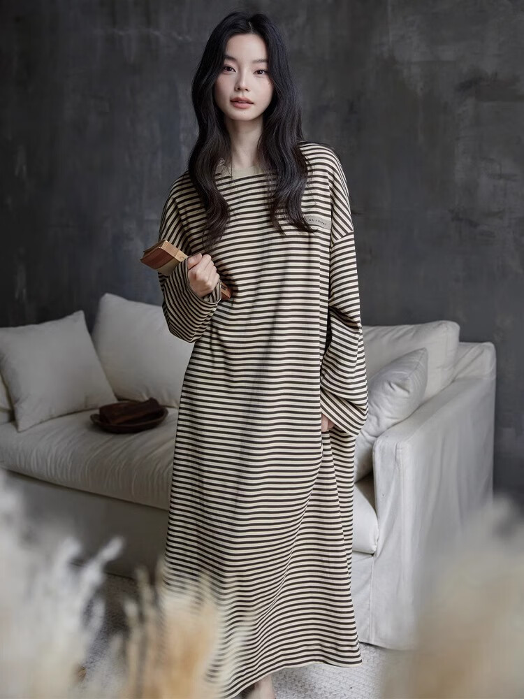 GUJIN Spring Autumn New Pure Cotton Women's Long Nightgown Homewear Casual Loose Plus Size Sleepwear with Chest Pad L 13
