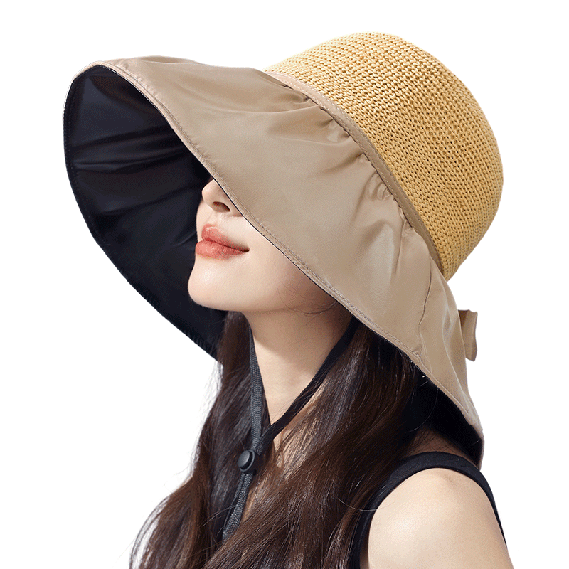 FitonTon Women's Wide Brim Sun Hat with UV Protection, Black Gel Outdoor Versatile Straw Hat for Summer