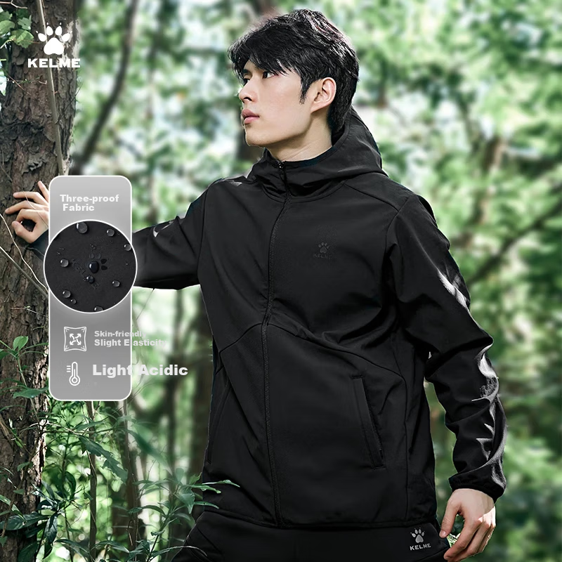 KELME Shark-Shaped Sports Windbreaker Woven Jacket for Men, Winter Windproof Waterproof Hooded Fleece-Lined Coat, Onyx Black, Size S