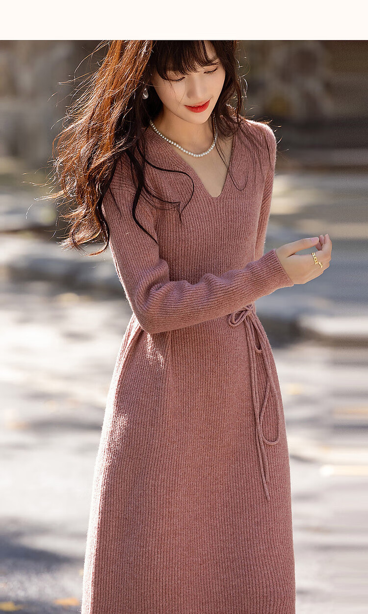 Dme Spring And Autumn Elegant V-Neck Loose-Fitting Drop Shoulder A-Line Slimming Belt Midi Dress for Wome 12