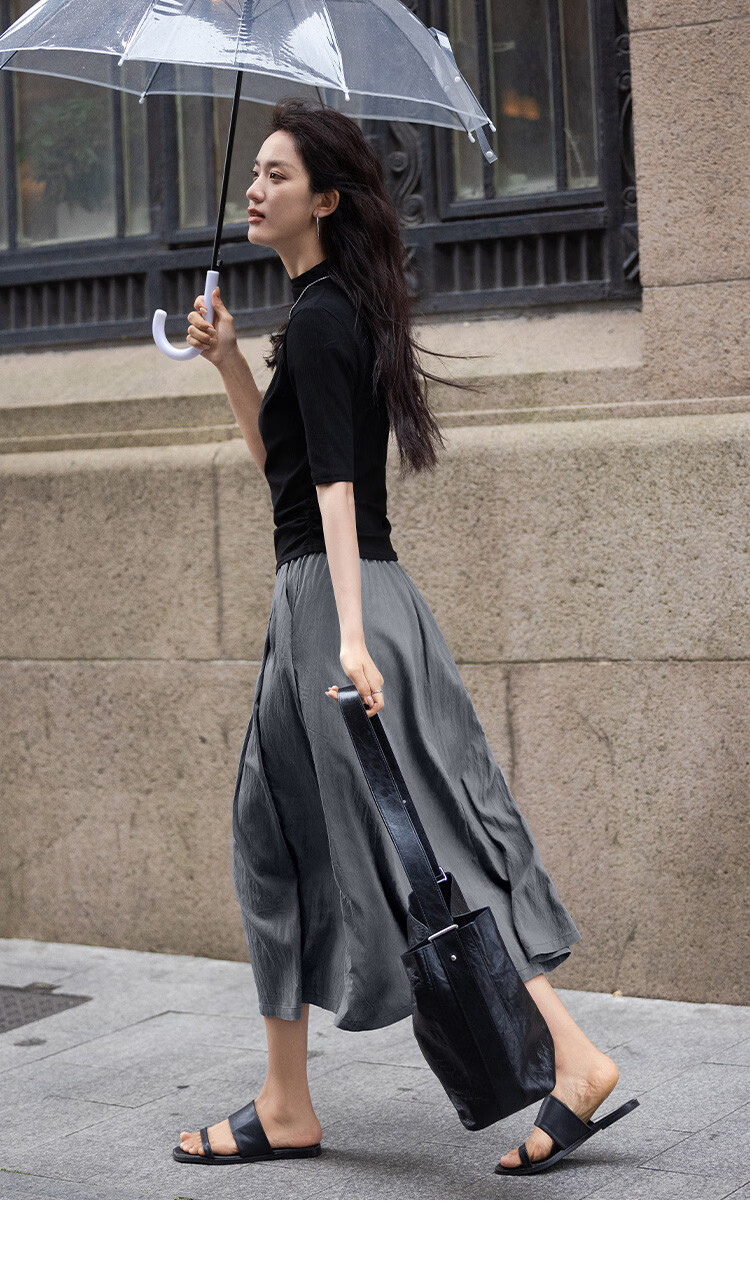 Dme [Relaxed Gray Midi Skirt] Spring And Autumn Wear, Draping, Simple, Loose-Fitting, Elastic Waist, Everyday Layered Midi Skirt 11