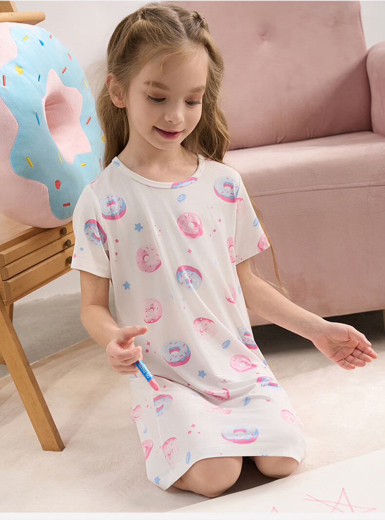 Aimer Kids Girls' Pajamas, Zero-Carbon Lanine Modal Short-Sleeve Nightgown, Summer Cool-Touch Sleepwear, Purple Striped, Size 110 10