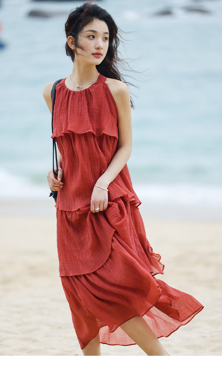 Dme [Heavy Workmanship Layered Spaghetti Strap Dress], Summer Vacation Style, Retro Brick Red, Elegant Cake Skirt 17