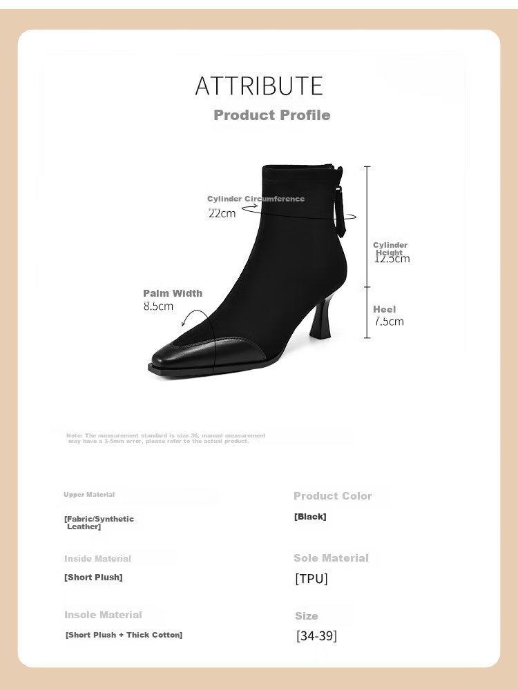 ZHR High Heel Ankle Boots for Women, Elegant Thin Heel Fleece-Lined Boots, Versatile Square-Toe Commuter Boots Y1007A Black Size 38 3