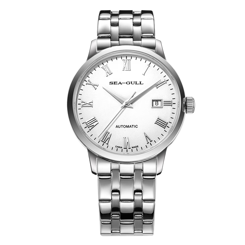 SEAGULL Men's Automatic Mechanical Watch with Date Display, Steel Strap Men's Watch, Birthday Gift for Men, Model 6613 White Dial Roman Numeral