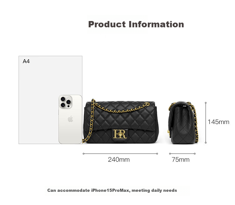 HR Handbag, Women's Small Square Bag, Diamond Pattern Chain Bag, Top-Grain Leather Shoulder Crossbody Bag for Women, Birthday Gift for Girls 11