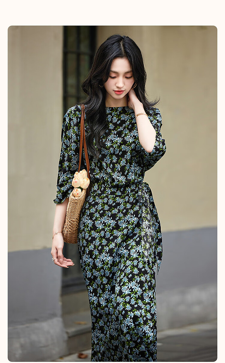 Demana Composite Silk Huayao Print Spring French Style Boat Neck Waist Cinched Floral Raglan Wrap Patchwork Women's Dress 1