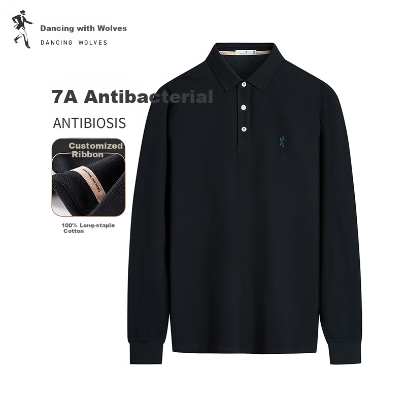 DANCING WOLVES [7A Grade Antibacterial] Pure Cotton Skin-Friendly Versatile Men's Long-Sleeve POLO Shirt, 001 Black, XL(180)