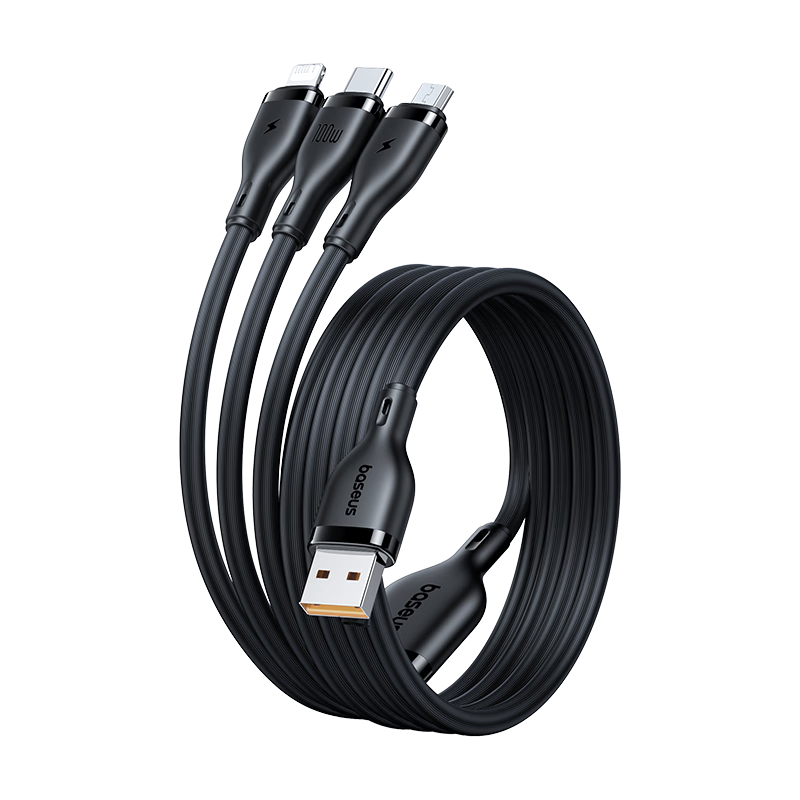 Baseus Three-In Charging Cable, Fast Charge 100W/88W, One Cable with Three Ends, Compatible with Apple Type-C, Android, IPhone 15/16/17, Huawei Mate 70, Xiaomi Phones, Car Charger, Black