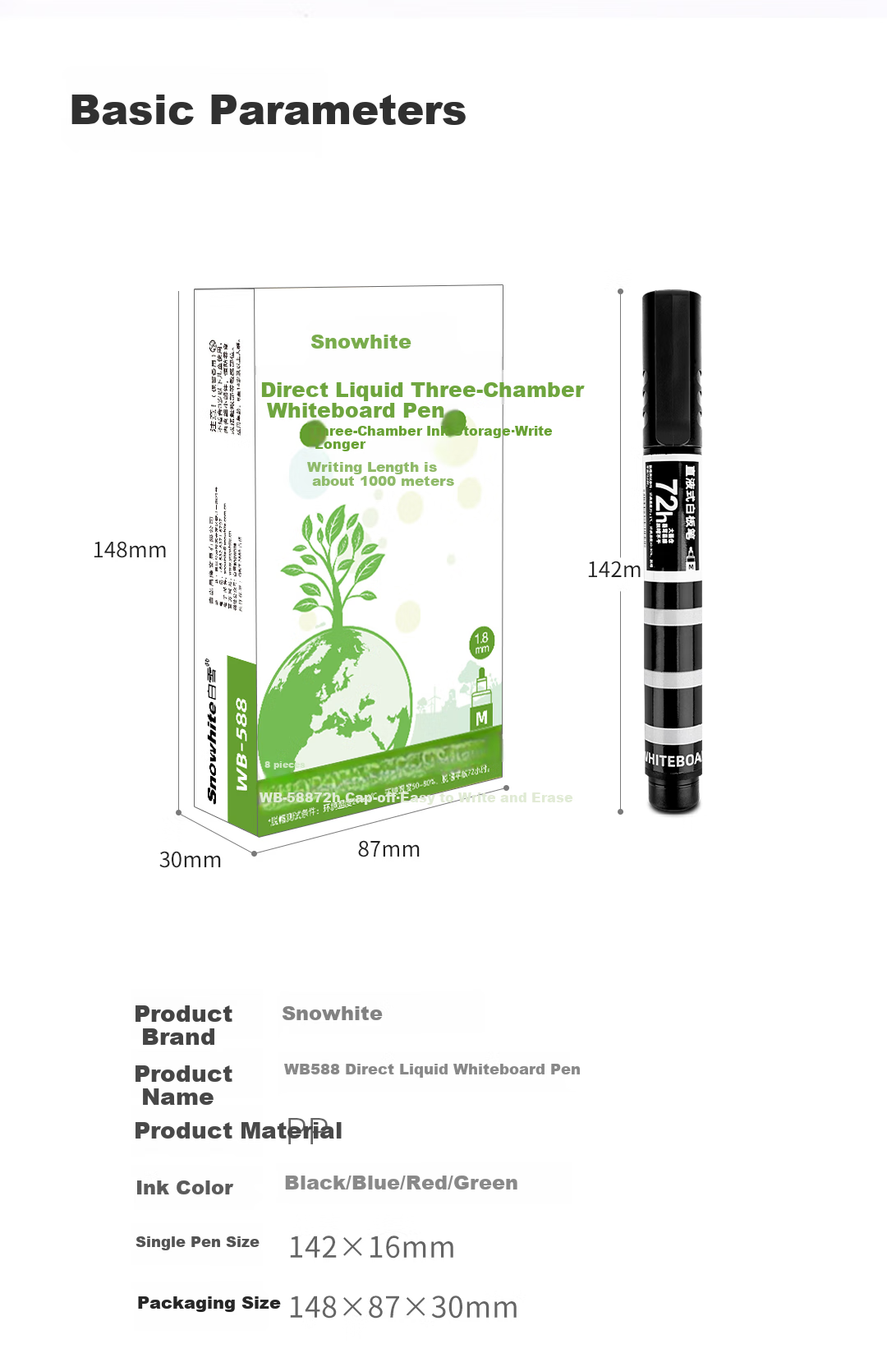 Snowhite Three-Tank Direct Liquid Whiteboard Markers, Erasable, Large Capacity, Highly Durable, Easy to Erase, Marker Pens for Office And Meetings, 8-Pack, Green WB588 12
