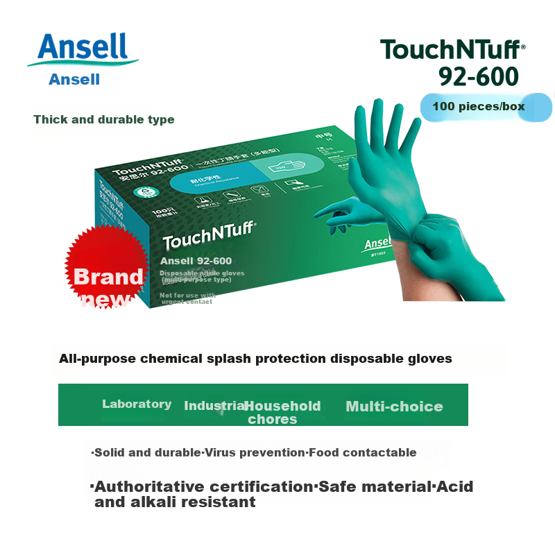 Ansell 92-600 Disposable Nitrile Gloves, Thickened Acid And Alkali Resistant, Wear-Resistant, Comfortable Fit, Industrial Cleaning Food Chemical Laboratory Protective Gloves, L Size, 100 Pieces/box