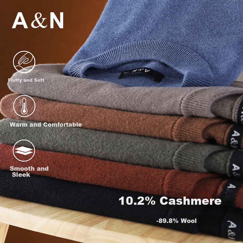 Andongniao [10.2% Cashmere + 89.8% Wool] Men's High-Quality Wool Sweater, Solid Color Versatile Base Layer Sweater