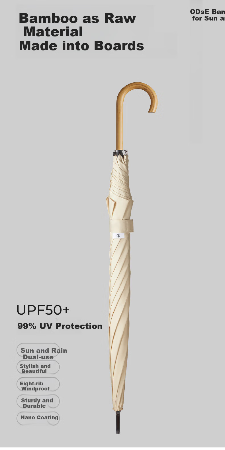 Obsu Dual-Purpose 8-Rib Bamboo Composite Water-Resistant Umbrella with Nano Coating And Long Handle, Black, Semi-Automatic 2