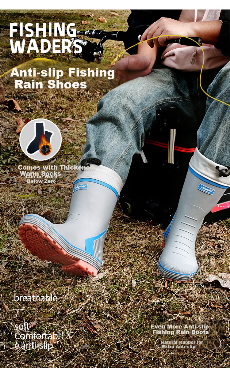 Jolly Walk New Rubber Rain Boots, Outdoor Fishing Waterproof Boots with Protective Cuffs, Black And Orange (New Cowhide Sole), Size 42 1