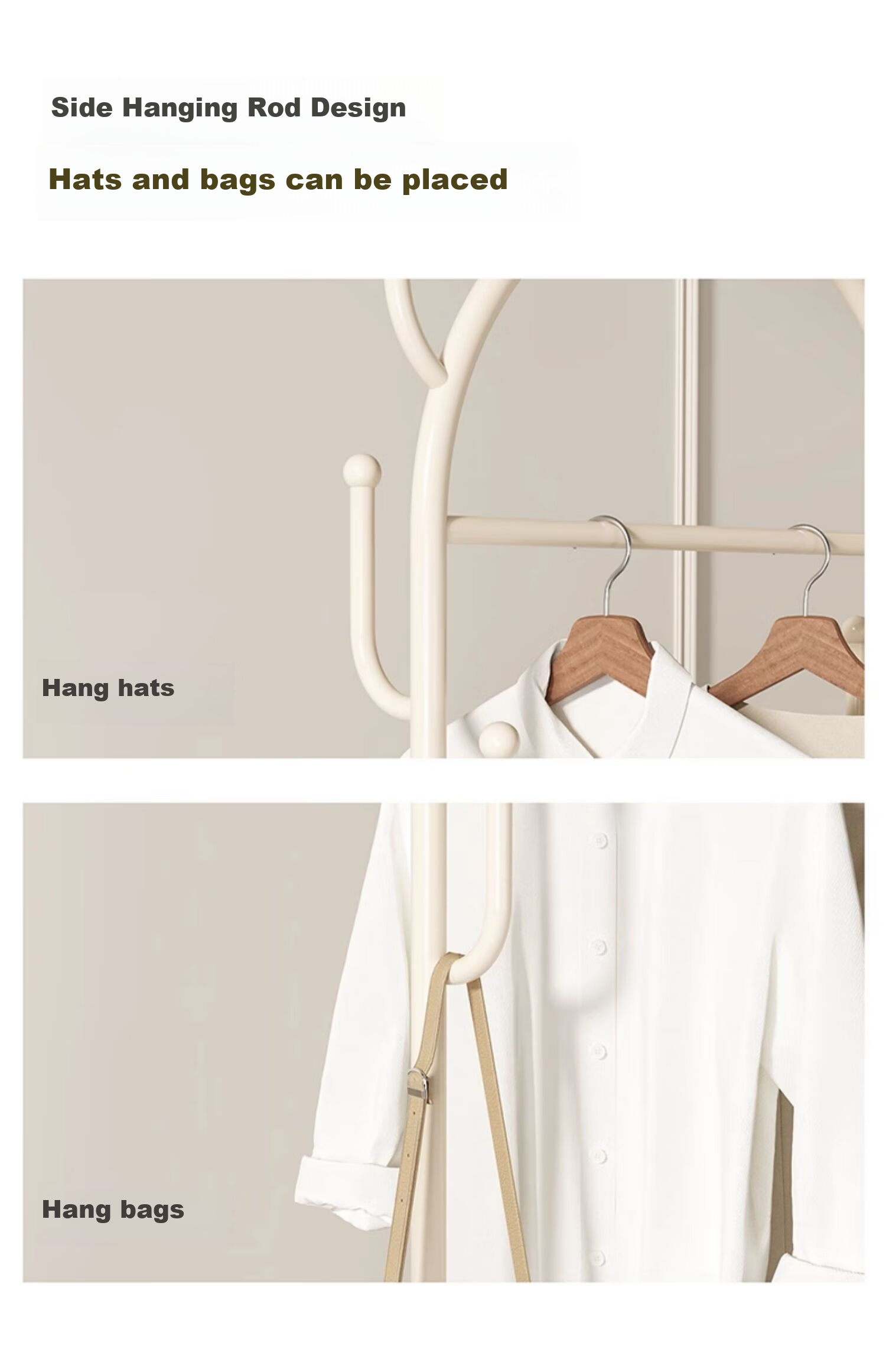 XIAOJIANGCAI Coat Rack, Floor-Standing Clothes Hanger, Mobile with Wheels, Drying Rack, Living Room Simple Storage Coat Stand, 60cm, Cream White 11