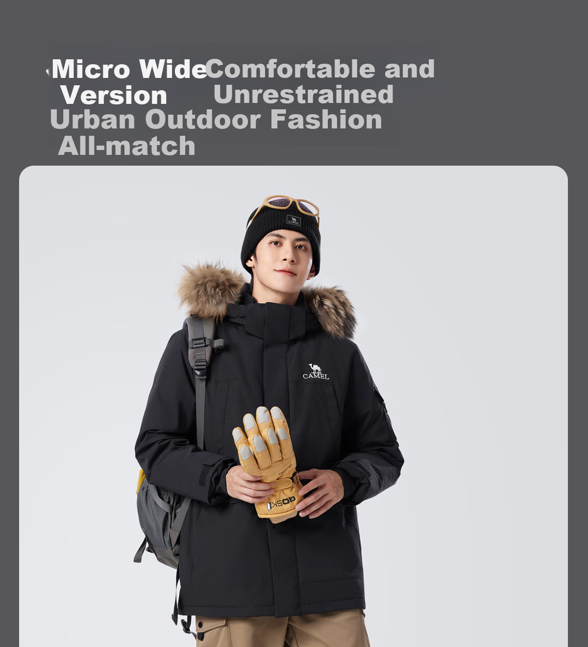 CAMEL Men's Clothing, Large Fur Collar down Jacket, Winter Thickened Workwear Outdoor Warm Windproof Coat, M34CS01643 19