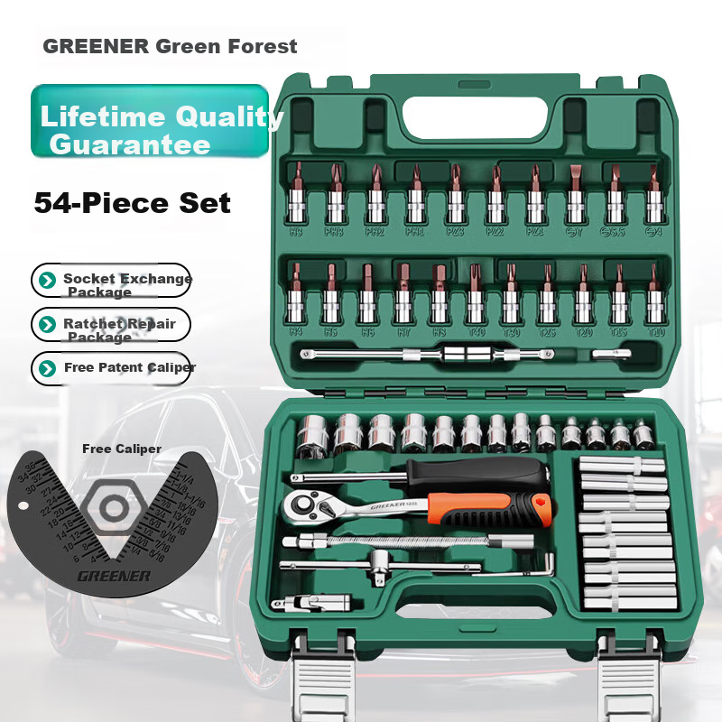 GREENER 54-Piece Professional Auto Repair Socket Wrench Set, Car Repair Toolbox Kit, Household Small Ratchet Quick Wrench Sockets