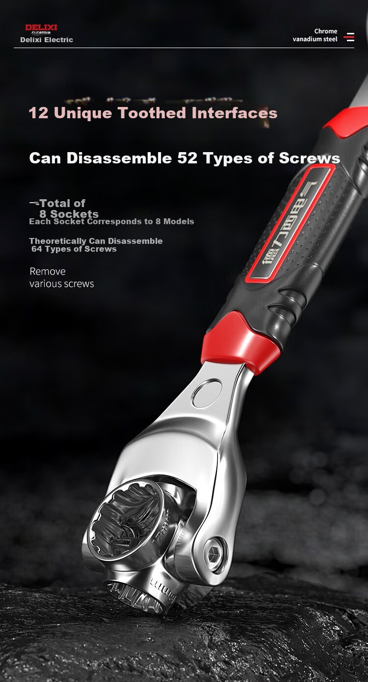 DELIXI ELECTRIC Multi-Purpose Socket Wrench, Versatile Dog Bone Wrench [Non-Magnetic Black Warrior], Hexagonal 8-22mm 8-I 5
