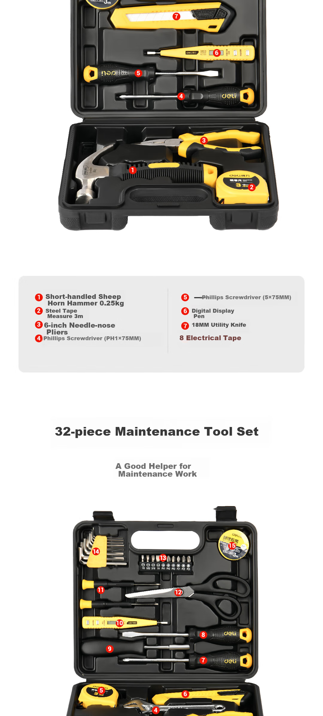 Deli Household Tool Kit Set, 9-Piece Set, for Electricians, Carpenters, Telecommunications Maintenance, Hardware Manual Tools Set 9