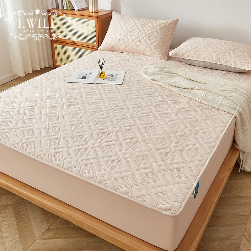 I-WILL Brushed Cotton Double Bed Mattress Protector, Single Piece, Rotating Grid Waterproof Quilted Fitted Sheet, Khaki, 180*200cm