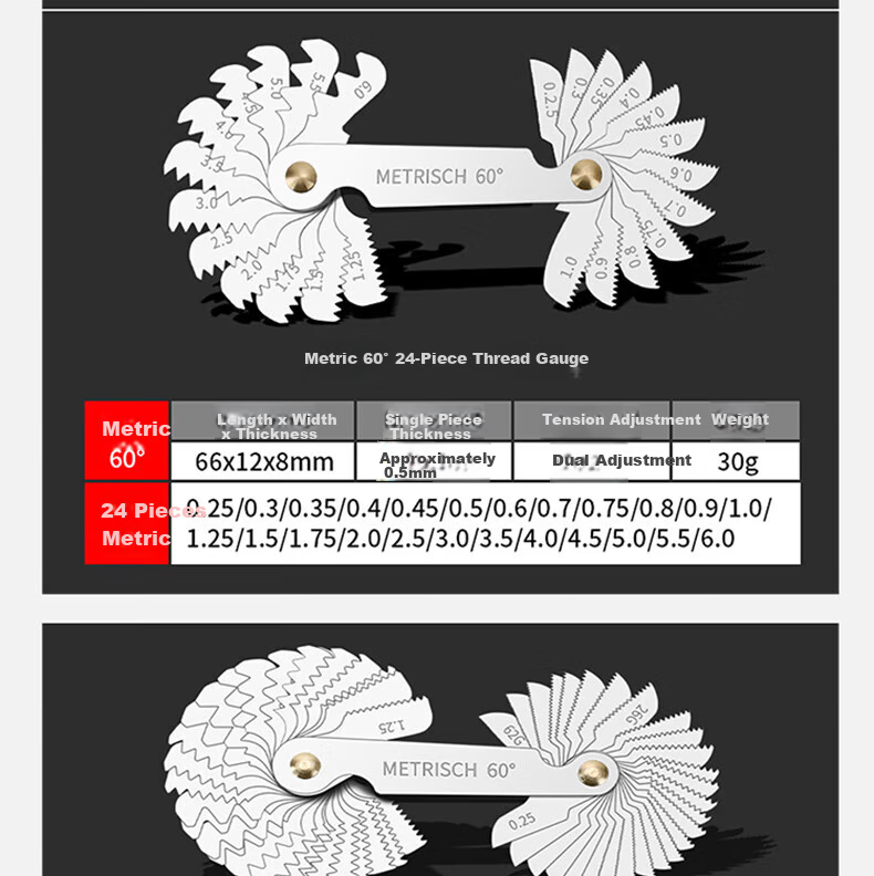 Mici Thread Gauge Template Ruler Screw Measuring Tool Thread Gauge Ruler Screw Gauge, Imperial 55° - 28 Pieces 6